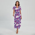 Purple Orchid Flower Pattern Print Short Sleeve Maxi Dress