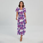 Purple Orchid Flower Pattern Print Short Sleeve Maxi Dress