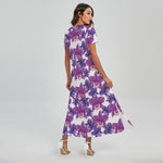 Purple Orchid Flower Pattern Print Short Sleeve Maxi Dress