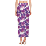 Purple Orchid Flower Pattern Print Side Slit Maxi Skirt