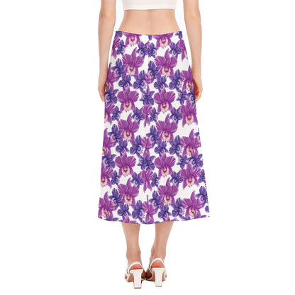Purple Orchid Flower Pattern Print Side Slit Midi Skirt