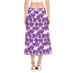 Purple Orchid Flower Pattern Print Side Slit Midi Skirt
