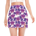 Purple Orchid Flower Pattern Print Side Slit Mini Skirt