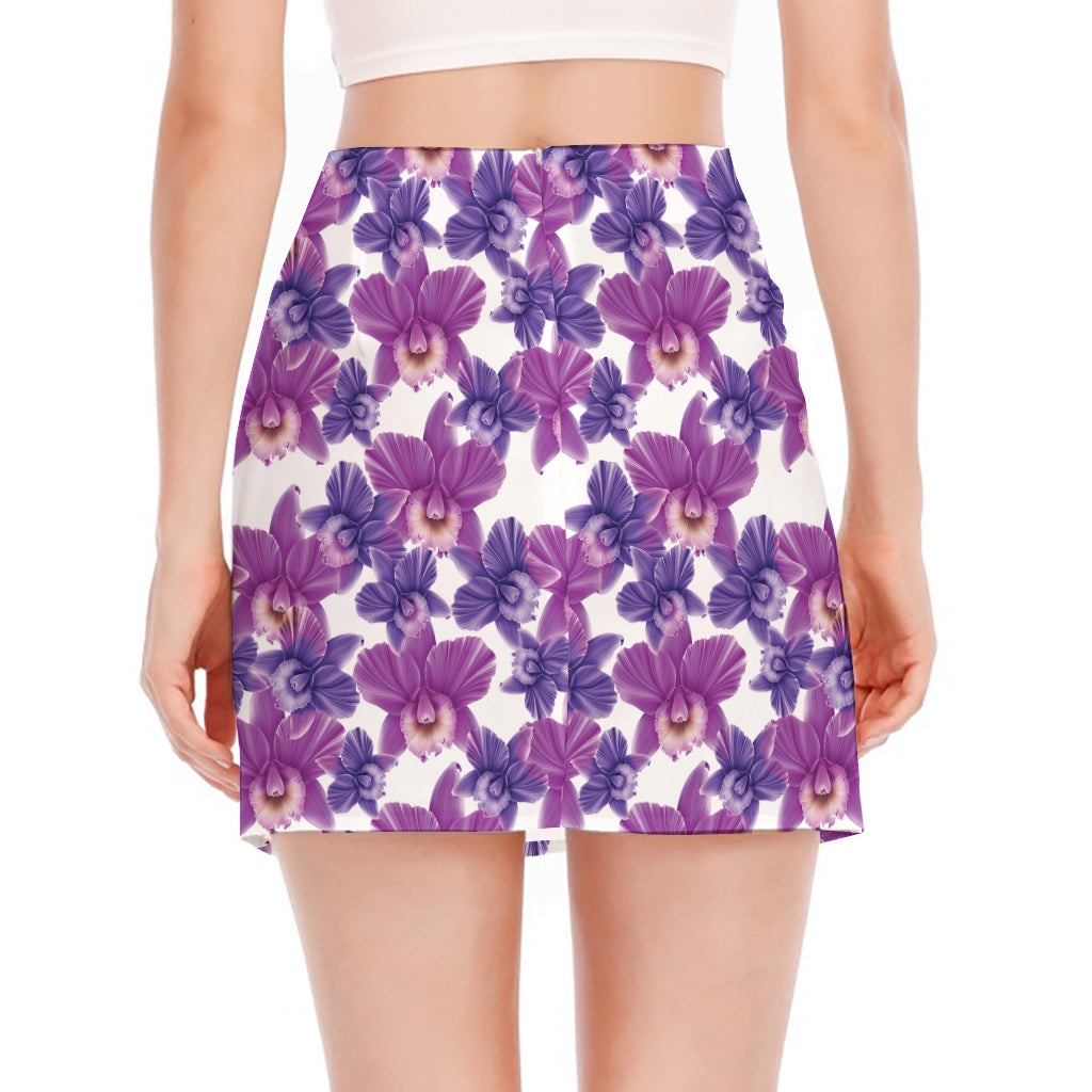Purple Orchid Flower Pattern Print Side Slit Mini Skirt