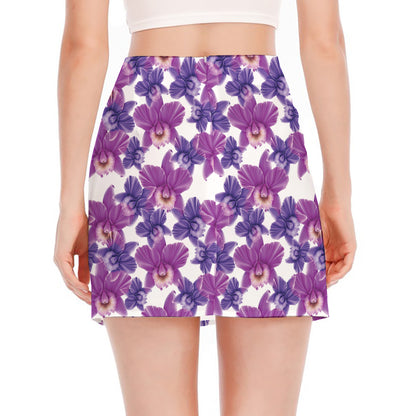 Purple Orchid Flower Pattern Print Side Slit Mini Skirt