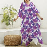 Purple Orchid Flower Pattern Print Silk V-Neck Kaftan Dress