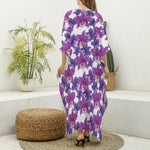 Purple Orchid Flower Pattern Print Silk V-Neck Kaftan Dress