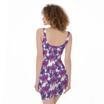 Purple Orchid Flower Pattern Print Sleeveless Bodycon Dress