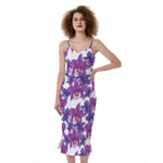 Purple Orchid Flower Pattern Print Slim Fit Midi Cami Dress
