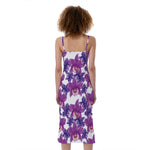 Purple Orchid Flower Pattern Print Slim Fit Midi Cami Dress