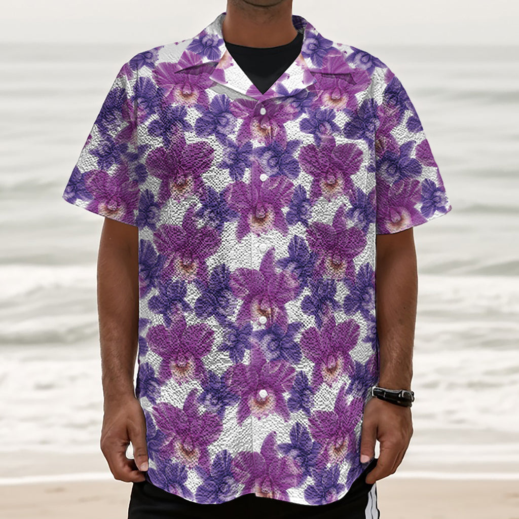 Purple Orchid Flower Pattern Print Textured Short Sleeve Shirt