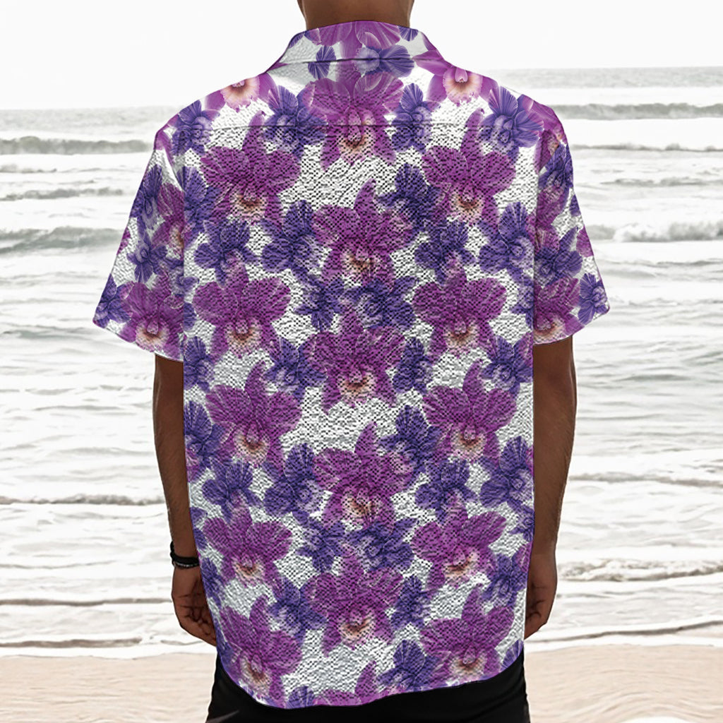 Purple Orchid Flower Pattern Print Textured Short Sleeve Shirt