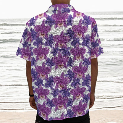 Purple Orchid Flower Pattern Print Textured Short Sleeve Shirt