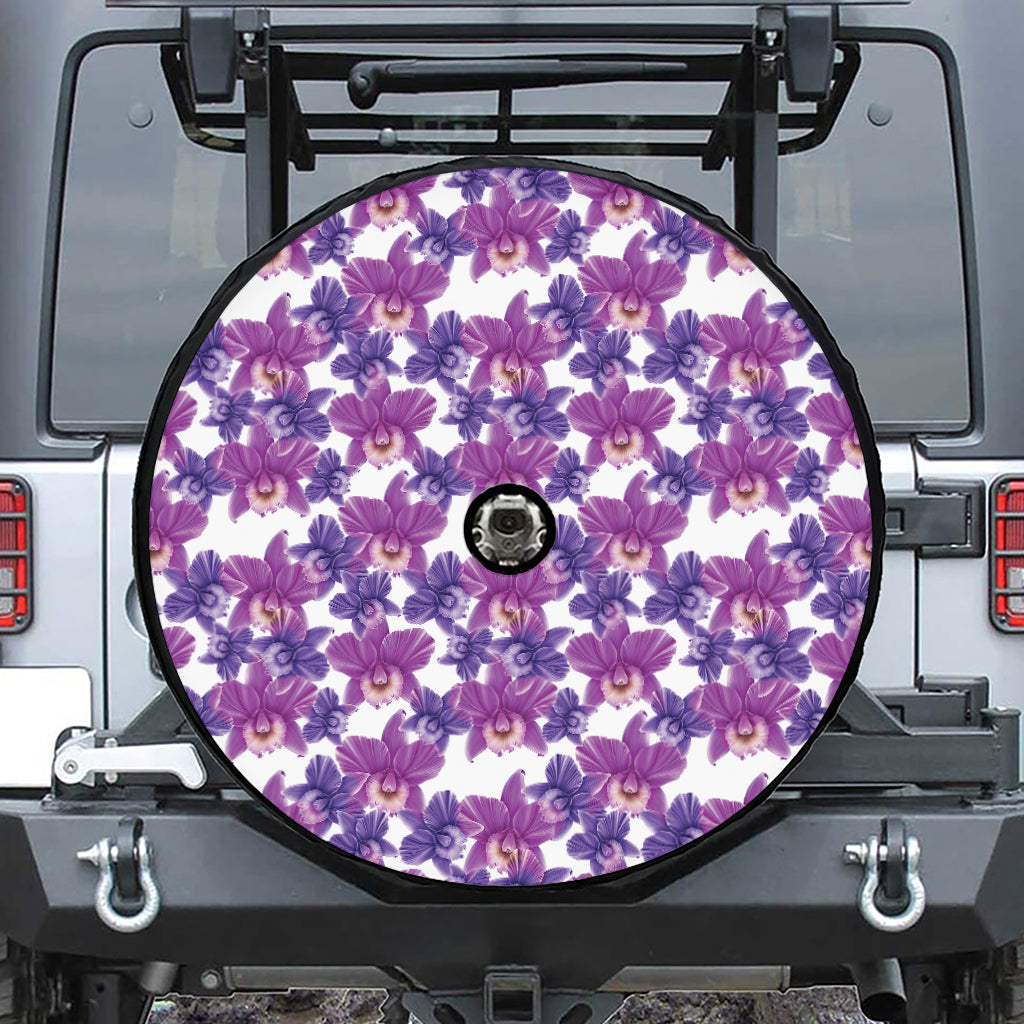 Purple Orchid Flower Pattern Print Tire Cover With Camera Hole
