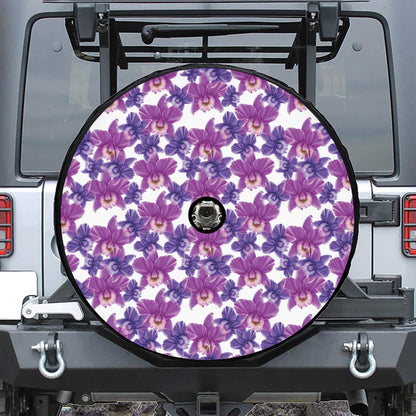 Purple Orchid Flower Pattern Print Tire Cover With Camera Hole