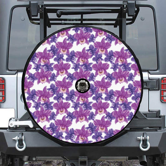 Purple Orchid Flower Pattern Print Tire Cover With Camera Hole