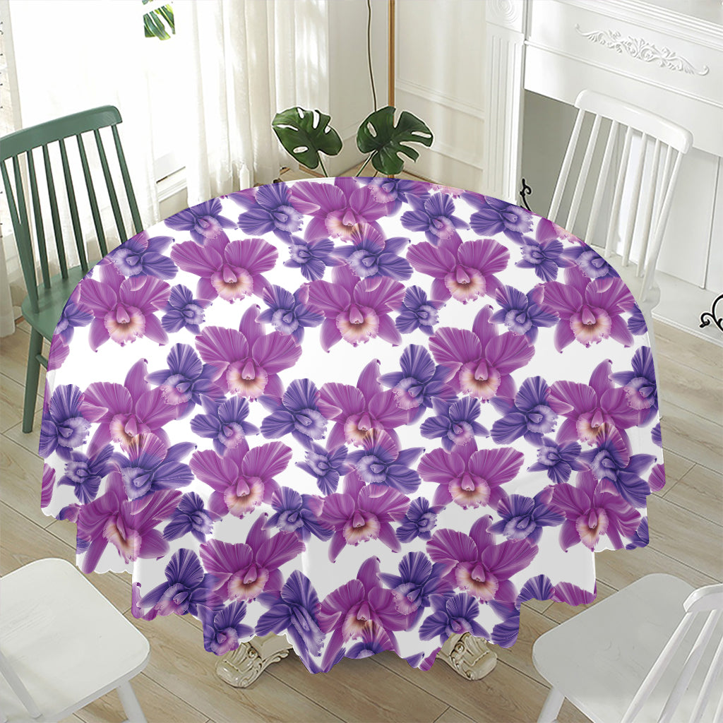 Purple Orchid Flower Pattern Print Waterproof Round Tablecloth