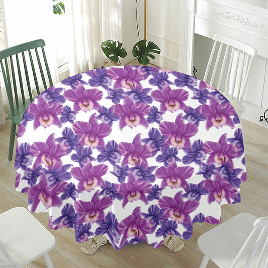 Purple Orchid Flower Pattern Print Waterproof Round Tablecloth