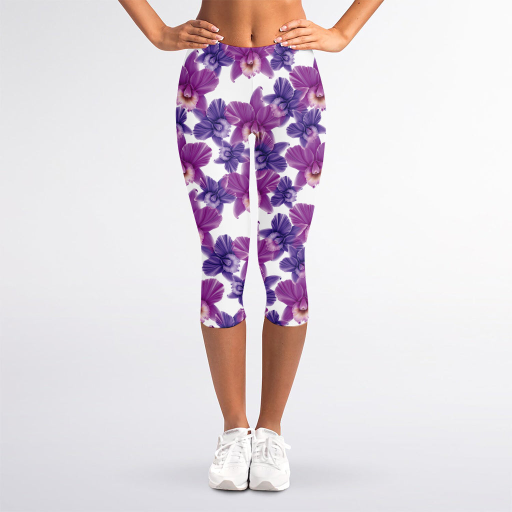 Purple Orchid Flower Pattern Print Women's Capri Leggings