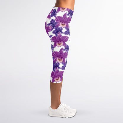Purple Orchid Flower Pattern Print Women's Capri Leggings