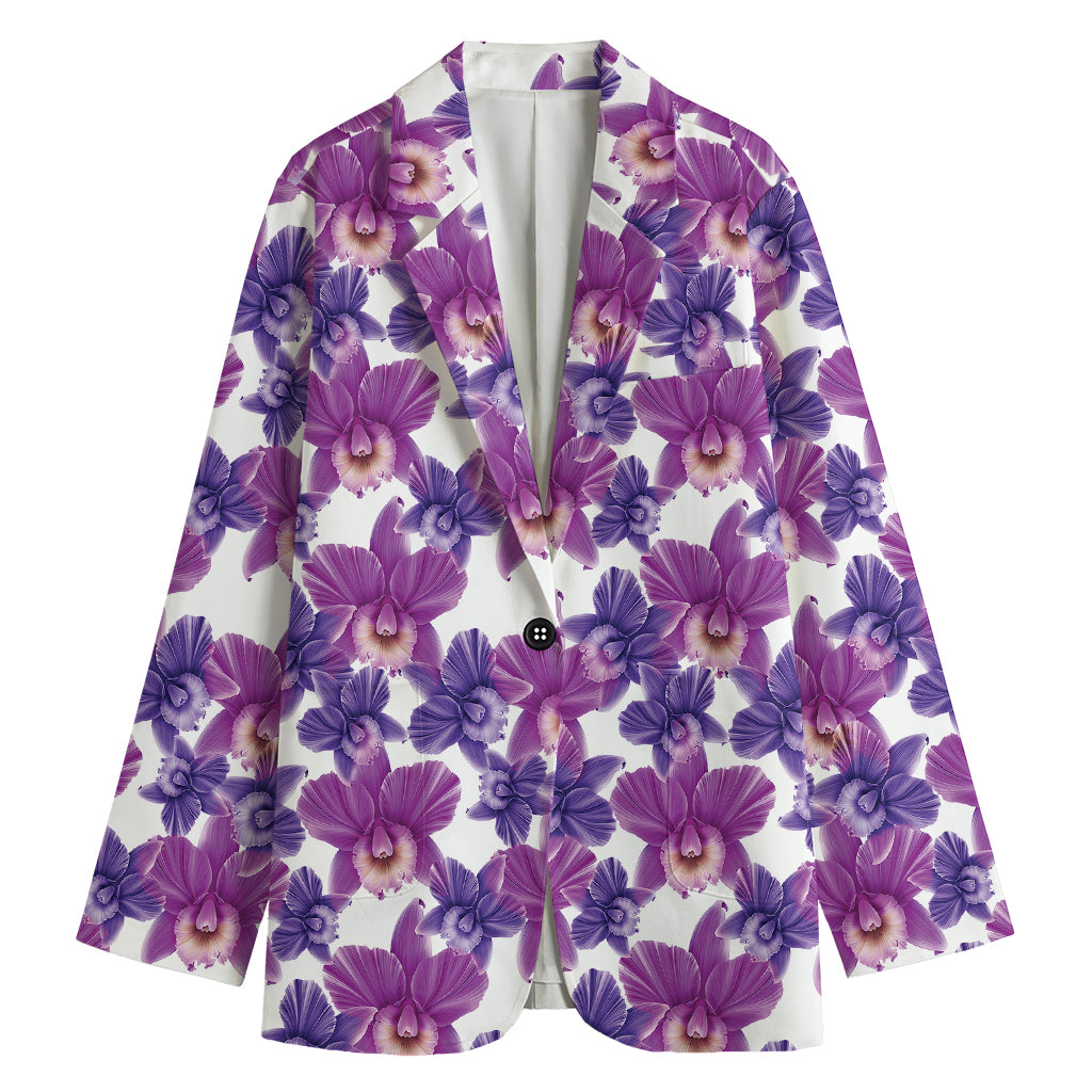 Purple Orchid Flower Pattern Print Women's Cotton Blazer