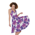 Purple Orchid Flower Pattern Print Sleeveless Knee Length Dress