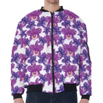 Purple Orchid Flower Pattern Print Zip Sleeve Bomber Jacket