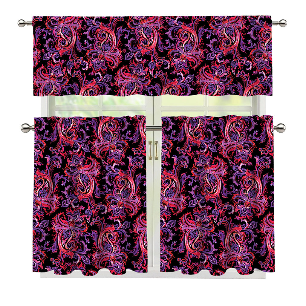 Purple Paisley Pattern Print 3 Piece Kitchen Curtains