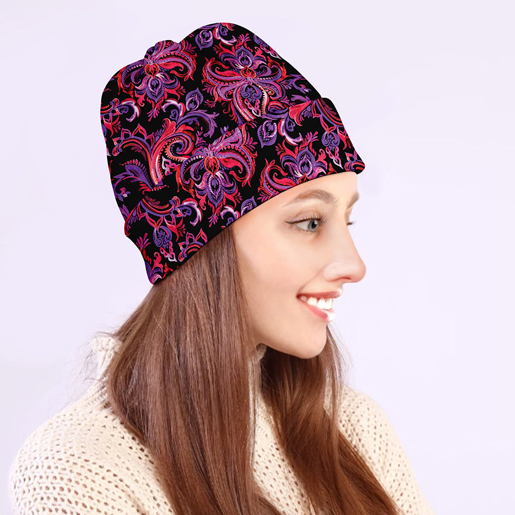 Purple Paisley Pattern Print Beanie
