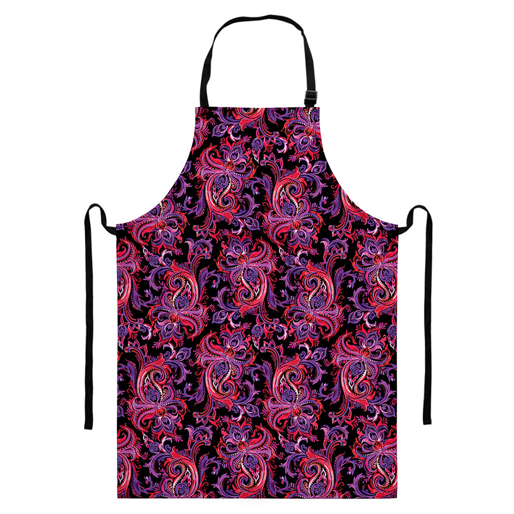 Purple Paisley Pattern Print Bib Apron With Pocket