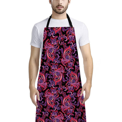 Purple Paisley Pattern Print Bib Apron With Pocket