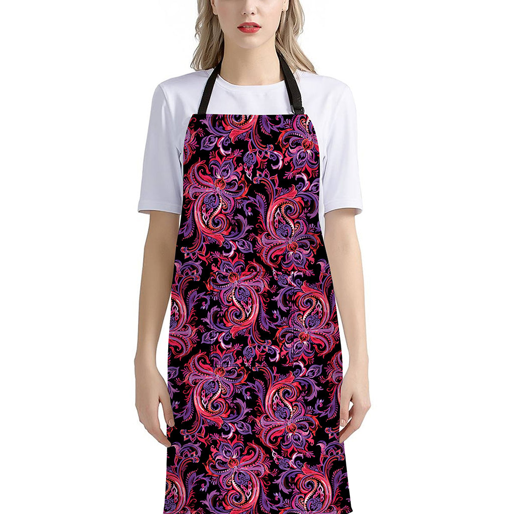 Purple Paisley Pattern Print Bib Apron With Pocket