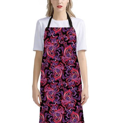 Purple Paisley Pattern Print Bib Apron With Pocket