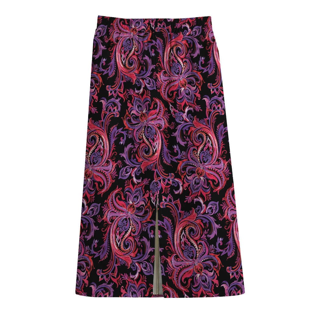 Purple Paisley Pattern Print Cotton Front Slit Maxi Skirt