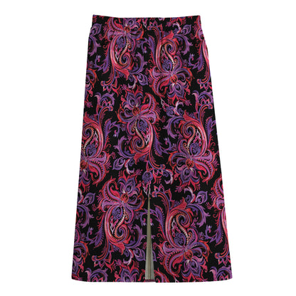 Purple Paisley Pattern Print Cotton Front Slit Maxi Skirt