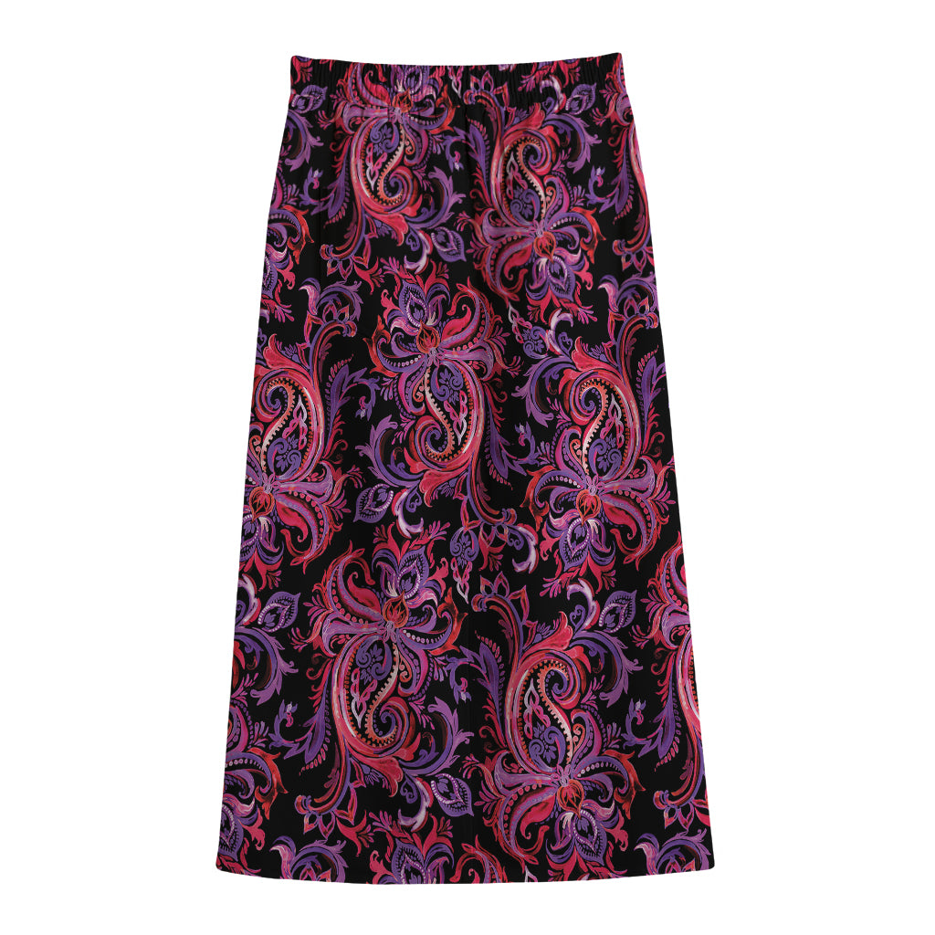 Purple Paisley Pattern Print Cotton Front Slit Maxi Skirt