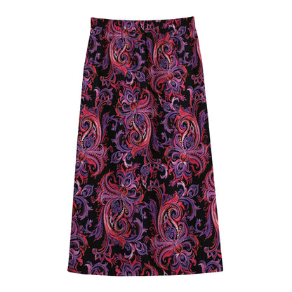Purple Paisley Pattern Print Cotton Front Slit Maxi Skirt
