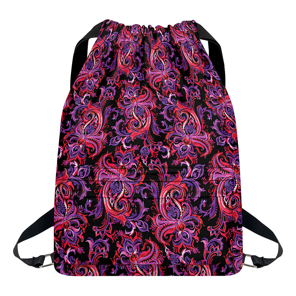 Purple Paisley Pattern Print Drawstring Backpack