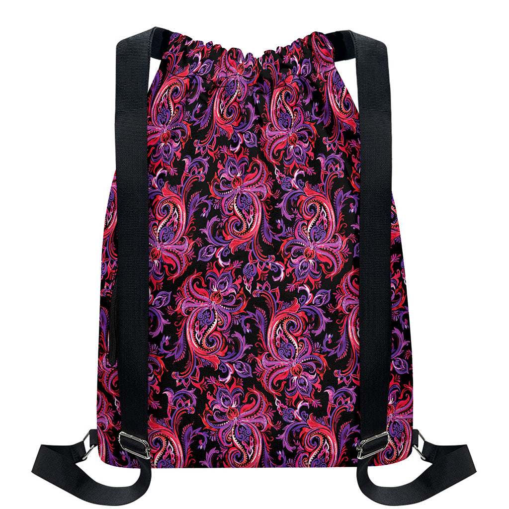 Purple Paisley Pattern Print Drawstring Backpack