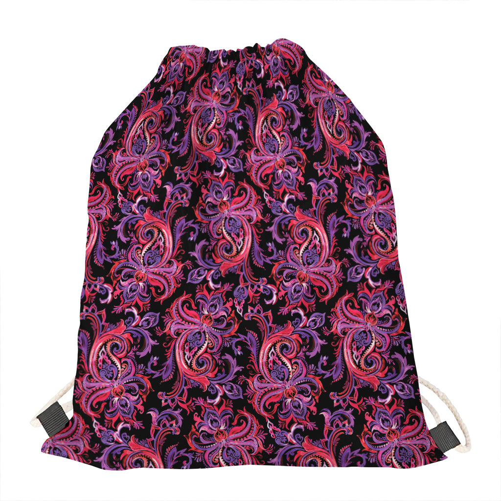 Purple Paisley Pattern Print Drawstring Bag