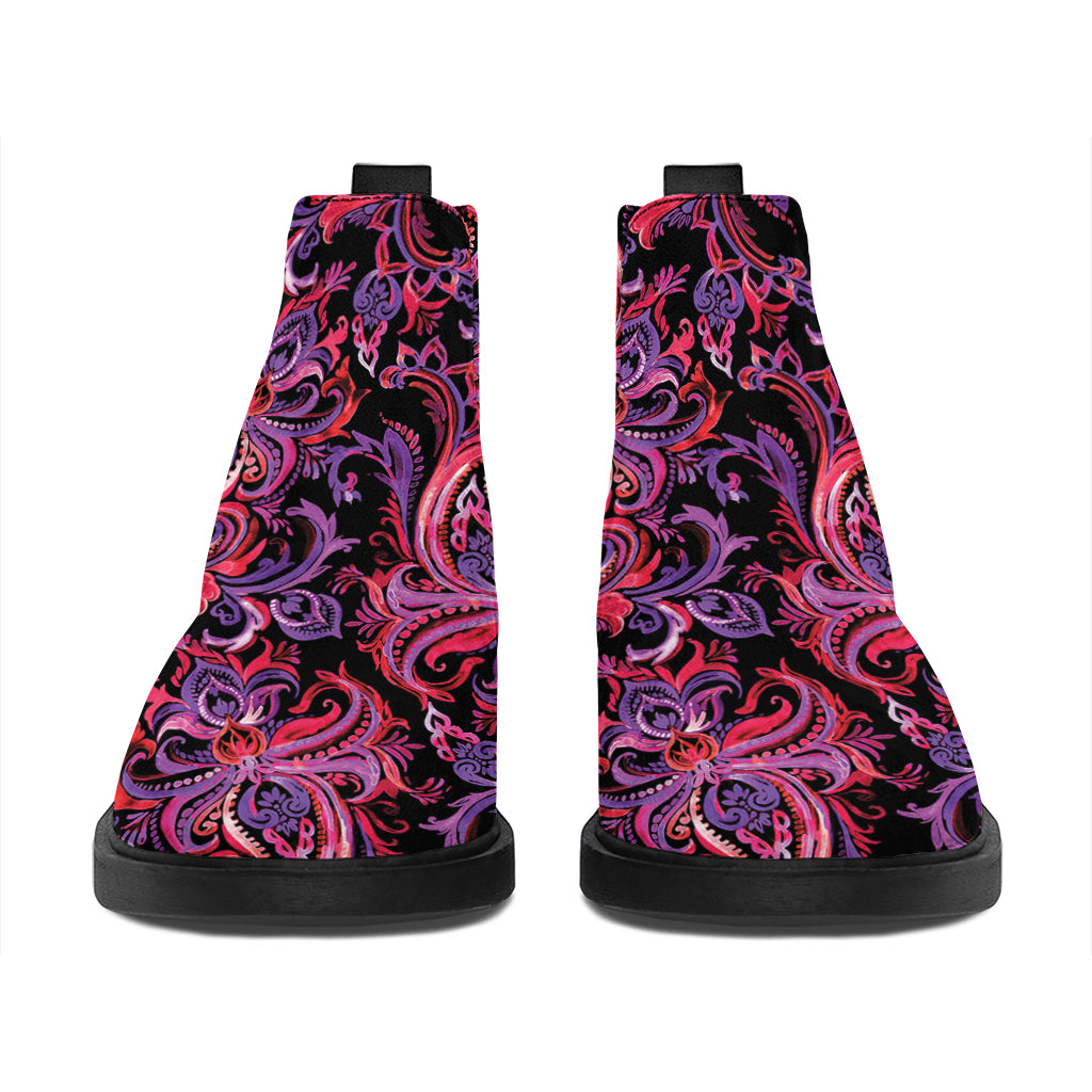 Purple Paisley Pattern Print Flat Ankle Boots