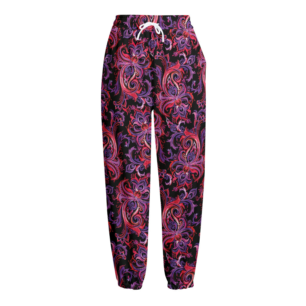 Purple Paisley Pattern Print Fleece Lined Knit Pants