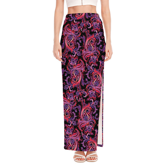 Purple Paisley Pattern Print High Slit Maxi Skirt