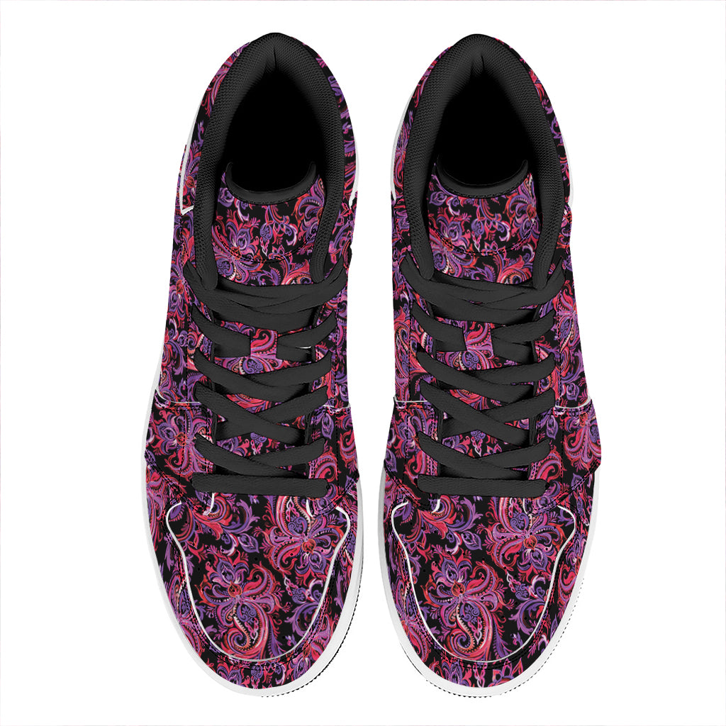 Purple Paisley Pattern Print High Top Leather Sneakers