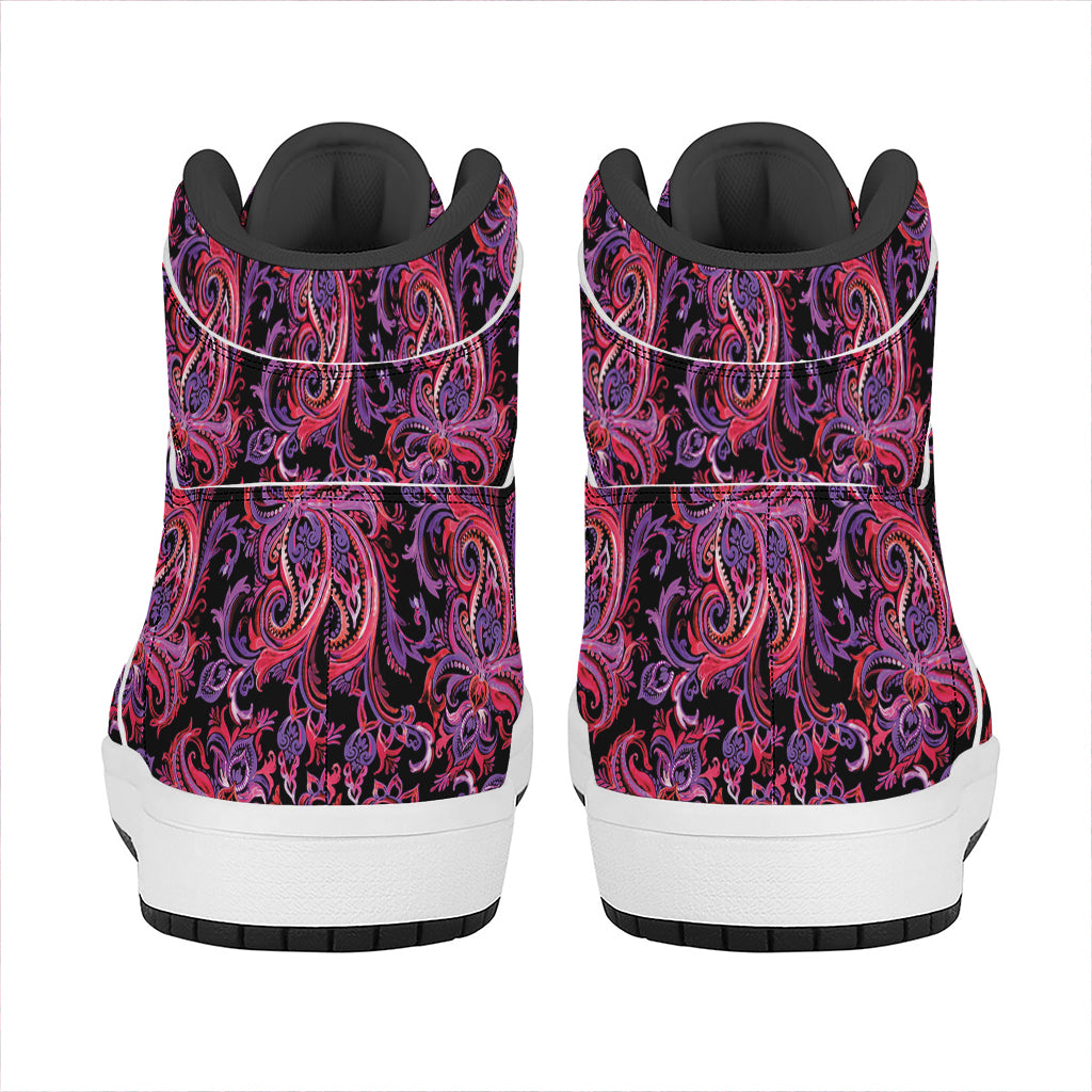 Purple Paisley Pattern Print High Top Leather Sneakers