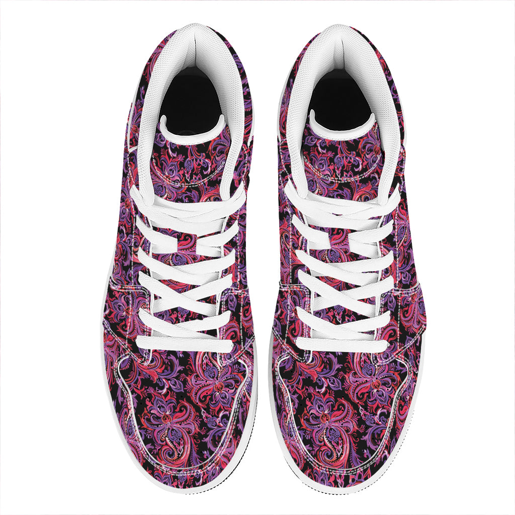 Purple Paisley Pattern Print High Top Leather Sneakers