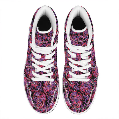 Purple Paisley Pattern Print High Top Leather Sneakers