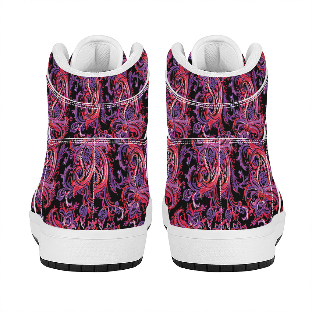 Purple Paisley Pattern Print High Top Leather Sneakers