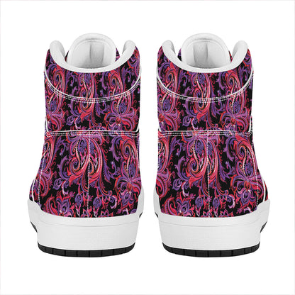 Purple Paisley Pattern Print High Top Leather Sneakers