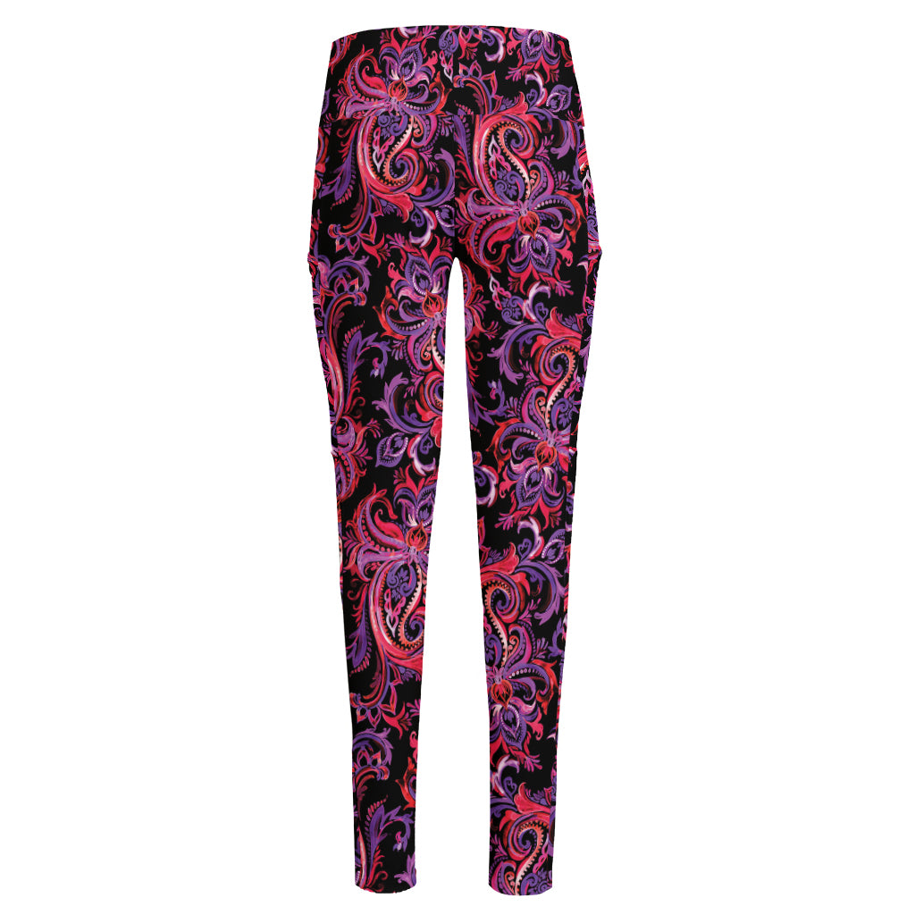 Purple Paisley Pattern Print High-Waisted Pocket Leggings